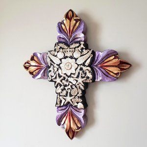 Wood Hanging Cross-Crucifix-Religious-Hand Made-Milagros Mexican Folk Art-Heart